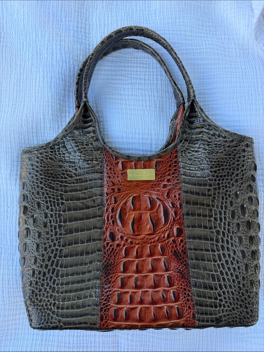 Brahmin Two-Tone Croc-Embossed Leather Tote in Brown & Rust